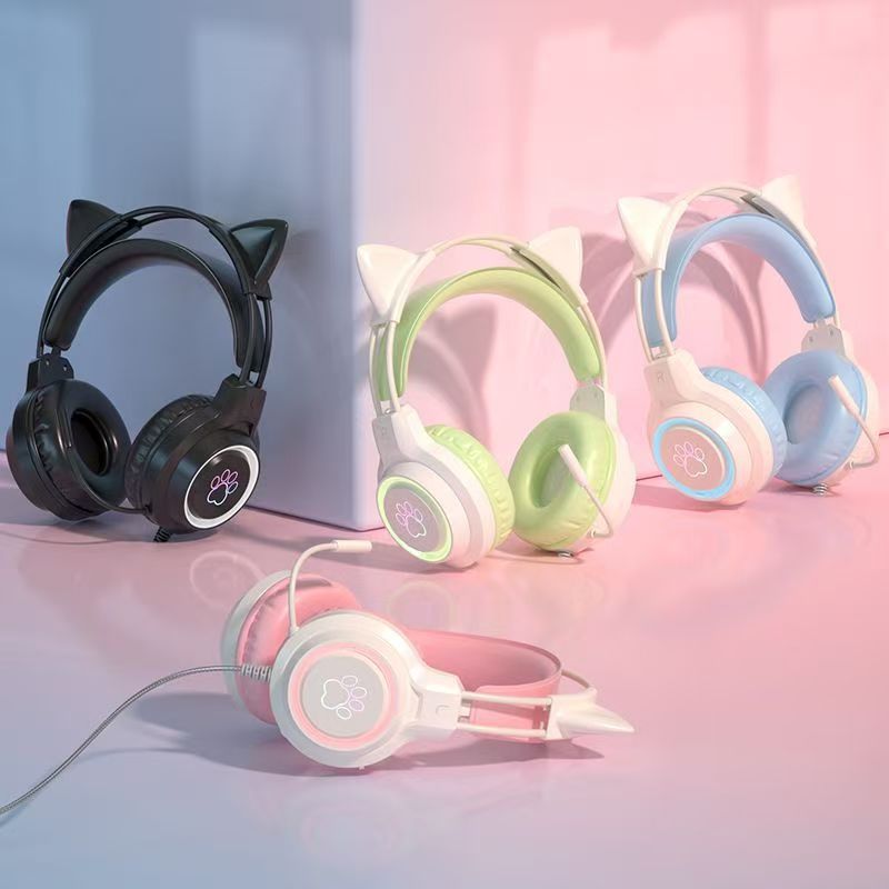 Cat-ear noise-cancelling esports wired gaming headphone